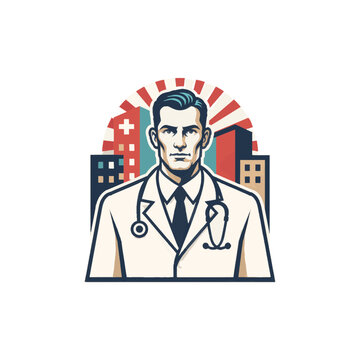 Doctor in medical coat with stethoscope and city background