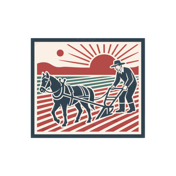 Farmer plowing field with horse and plow, vintage illustration style
