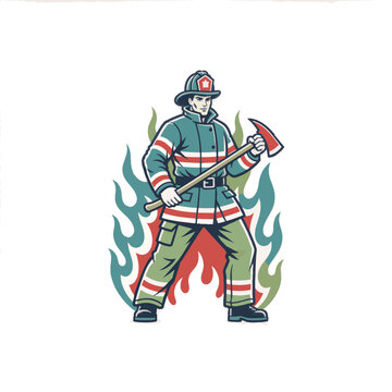 Firefighter in uniform holding axe, surrounded by flames illustration