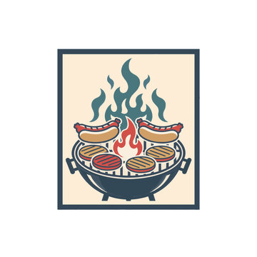 Hot dogs and hamburgers on grill with flames, vector illustration