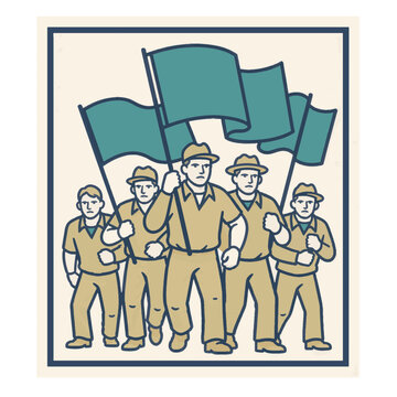 Vector illustration of union workers marching with flags in a parade