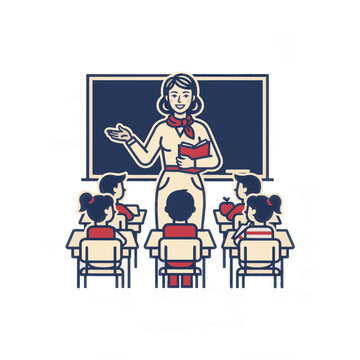 Teacher instructing students in classroom with blackboard