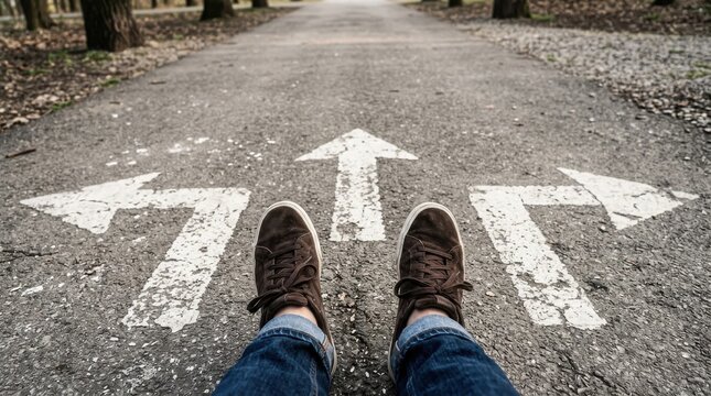 Person standing on path with painted arrows showing directions