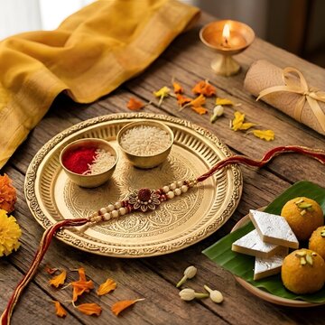 Raksha Bandhan Celebration with Traditional Rakhi, Kumkum, Rice, Sweets and Brass Puja Thali
