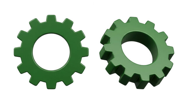 Deux engrenages verts isol&eacute;s sur fond blanc, symbolisant le travail d'&eacute;quipe, la m&eacute;canique industrielle, l'innovation technologique et le d&eacute;veloppement durable dans l'ing&eacute;nierie.