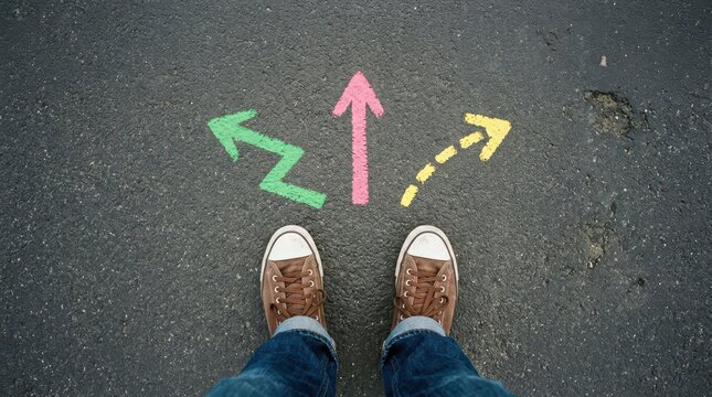 Person standing on asphalt road with three colorful directional arrows