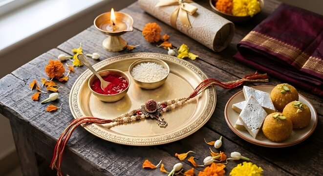 Raksha Bandhan Festival Celebration with Traditional Rakhi, Brass Thali, Kumkum, Rice, Diya, Flowers and Indian Sweets