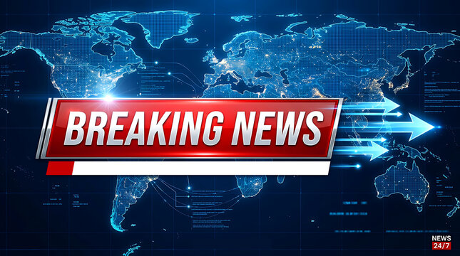 Breaking news broadcast graphic with a digital world map background and motion blur arrows for media reports