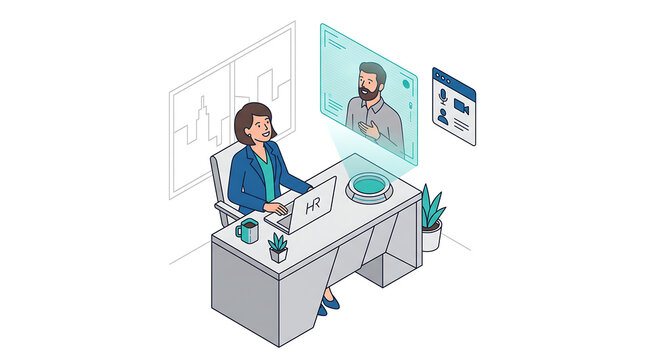 Human resources manager conducting an isometric digital video interview using futuristic holographic technology for global talent recruitment and business growth