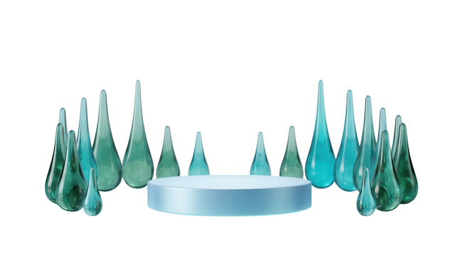 Un podium cylindrique bleu clair entour&eacute; de sculptures en verre en forme de gouttes d'eau turquoise pour une pr&eacute;sentation de produit &eacute;l&eacute;gante et minimaliste sur fond blanc