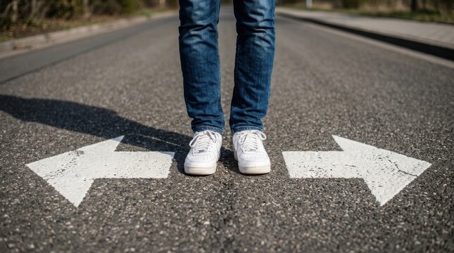 Person standing on asphalt road with two white directional arrows