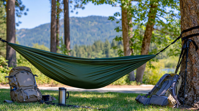 Camping hammock, backpack, thermos and trekking poles hanging or resting beneath tall forest trees, mountain ridge visible through the foliage, peaceful midday wilderness atmosphere, realistic outdo