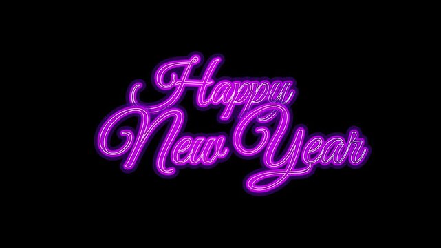 Animated purple neon sign cursive Happy New Year calligraphy text with glowing light stroke effect, electric light text title effect for seasonal holiday celebration and party motion graphics