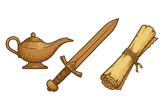 Ensemble d'objets fantastiques comprenant une lampe &agrave; huile magique, une &eacute;p&eacute;e m&eacute;di&eacute;vale en m&eacute;tal et un vieux parchemin enroul&eacute; attach&eacute; avec une ficelle, style illustration dessin&eacute;e &agrave; la main.