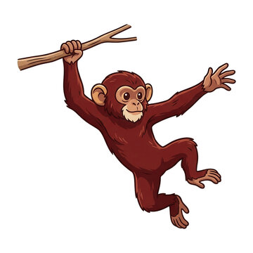 Une illustration vectorielle color&eacute;e d'un petit singe mignon suspendu &agrave; une branche d'arbre, dessin&eacute; dans un style de dessin anim&eacute; ludique sur un fond blanc isol&eacute;.