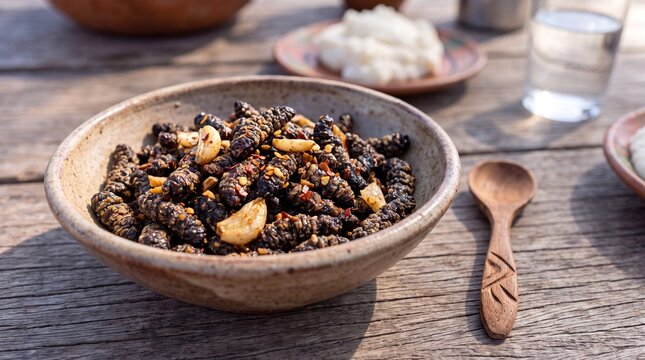 Traditional Namibian crispy fried mopane worms seasoned with garlic and chili in a ceramic bowl