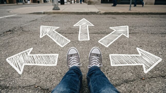 Person standing at a crossroads with sketched arrows on ground
