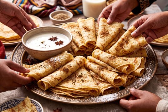 Traditional Somali Malawah Crepes Served Family Style with Sweet Coconut Milk and Anise