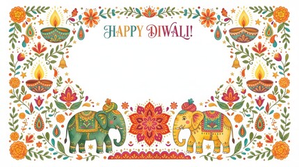 Fototapeta premium Happy diwali festive frame with decorated elephants, diya lamps, marigold flowers, and mandala patterns isolated on white background