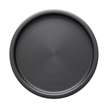 Vue de dessus d'un plateau de service rond en m&eacute;tal gris fonc&eacute; avec une texture bross&eacute;e &eacute;l&eacute;gante, id&eacute;al pour la pr&eacute;sentation culinaire et la photographie de produits sur fond blanc.
