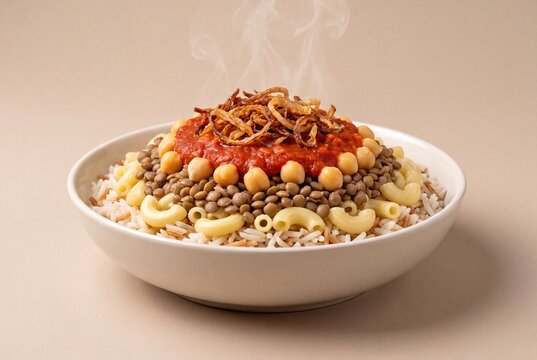 Egyptian Koshari Dish with Steaming Layers of Rice, Lentils, Macaroni, Chickpeas, and Fried Onions