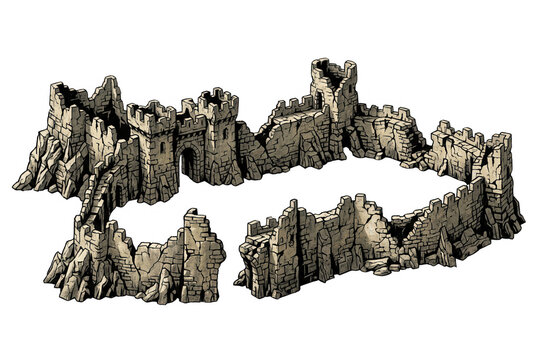 Illustration isom&eacute;trique d'un ch&acirc;teau m&eacute;di&eacute;val en ruines avec des murs en pierre d&eacute;labr&eacute;s et des tours fortifi&eacute;es sur un fond blanc isol&eacute; pour les jeux de strat&eacute;gie