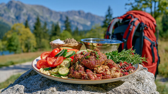 Flat rock beside a forest trail covered with camping food ingredients, seasoned meat, sliced vegetables, salt, pepper, herbs and a metal bowl, hiking backpack and mountain scenery softly blurred beh