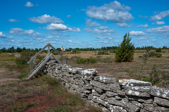 Limeston wall through the area Alvaret on the island of Oland in Sweden
