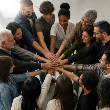 Diverse group of people stacking hands together in a circle for unity and teamwork concept