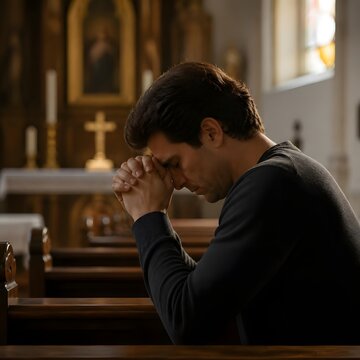 Man praying with hands clasped in a church pew during a religious service