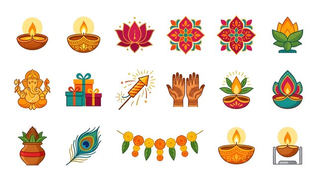 Diwali festival icons set