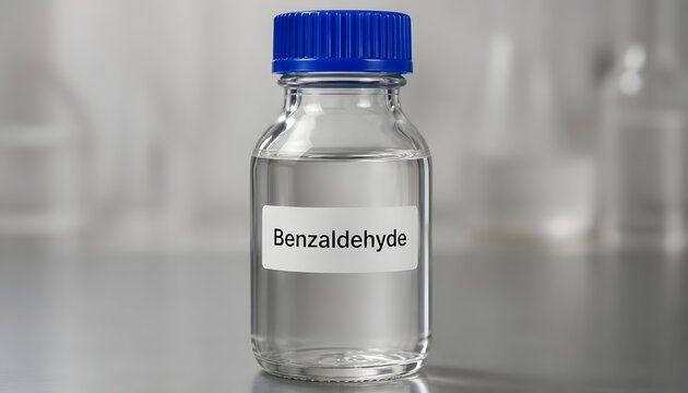 Clear Benzaldehyde chemical reagent in a glass laboratory bottle with blue cap.