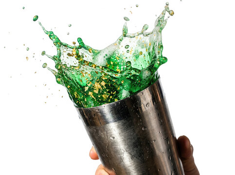 Un splash dynamique de cocktail vert avec des paillettes dor&eacute;es jaillissant d'un shaker en inox tenu par une main, isol&eacute; sur fond blanc.