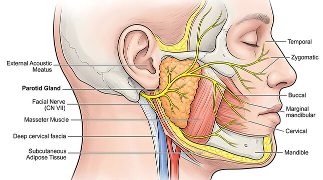 Labeled anatomical cross section of human facial muscles and nerves