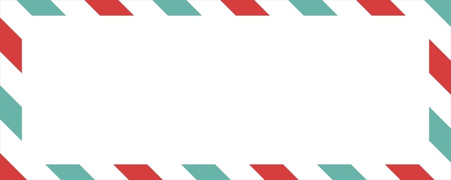 Blank airmail envelope frame, border with green and red striped line in christmas theme with 6x4 scale ratio for decoration, cutout, isolated.