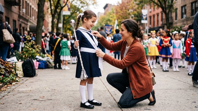 Mother adjusting uniform of daughter before parade, child majorette with baton outdoors.