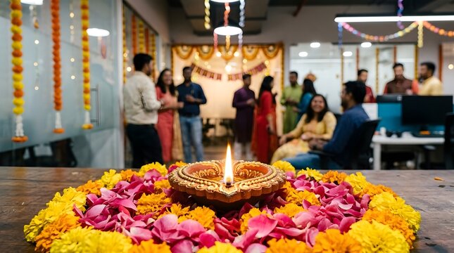 Diwali celebration in office with diya lamp and marigold flowers