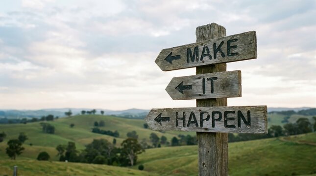 Wooden signpost with make it happen text in a rural landscape