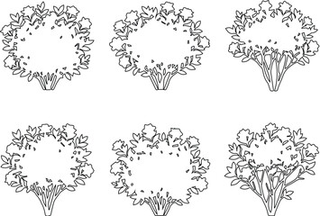Fototapeta premium Detailed Foliage Wreath Circle Plan Vector Set, Architectural Landscape Lush Crown Outline Clipart, Site Plan Botanical Ring Design Bundle
