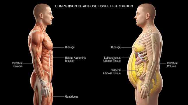 Male body composition comparison, subcutaneous and visceral fat distribution
