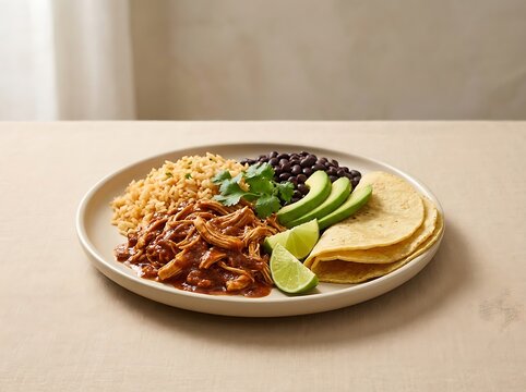 Plate of beef barbacoa with black beans, rice, avocado slices, lime and warm flour tortillas. Chicken tinga