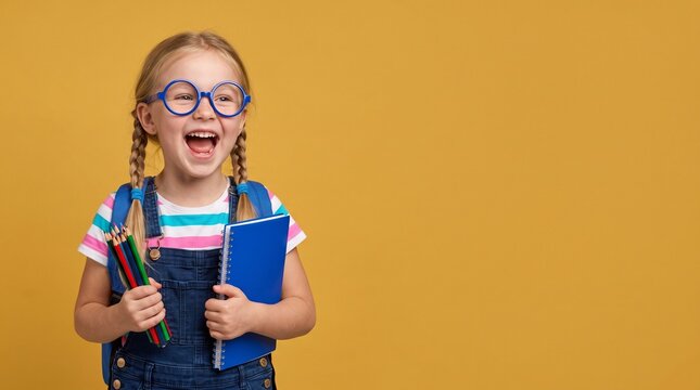 Cheerful schoolgirl with glasses holding notebook and pencils on yellow background. Happy student girl in denim overalls ready for school. Excited child with backpack and stationery.