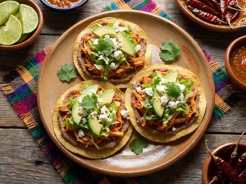 Three delicious mexican chicken tostadas with avocado and cilantro on a wooden plate. Chicken tinga