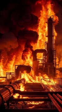 Massive fire engulfing oil refinery infrastructure. Industrial disaster with raging flames and thick black smoke at chemical plant. Lockdown wide shot.