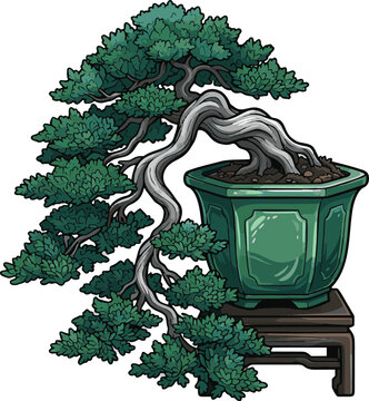 Detailed green bonsai tree vector graphic with elegant wooden plant stand