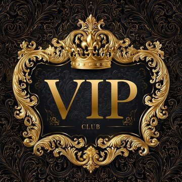 Luxury VIP club logo design with golden crown, ornate vintage frame, and baroque damask pattern