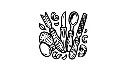 Fototapeta premium Linocut woodcarving chisels and craft tools with shavings.