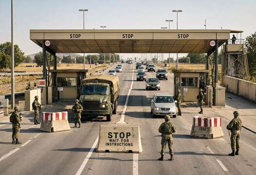 Military personnel standing on side of road at busy multi-lane security checkpoint during patrol mission
