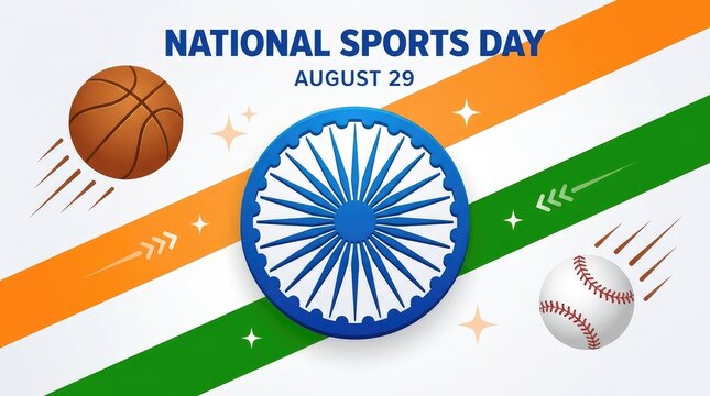National Sports Day August 29 banner with Ashoka Chakra, basketball, and baseball in tricolor frame
