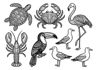 Naklejka premium Engraving icon set of tropical and coastal animals featuring turtle, crab, flamingo, lobster, toucan and seagull for nature design